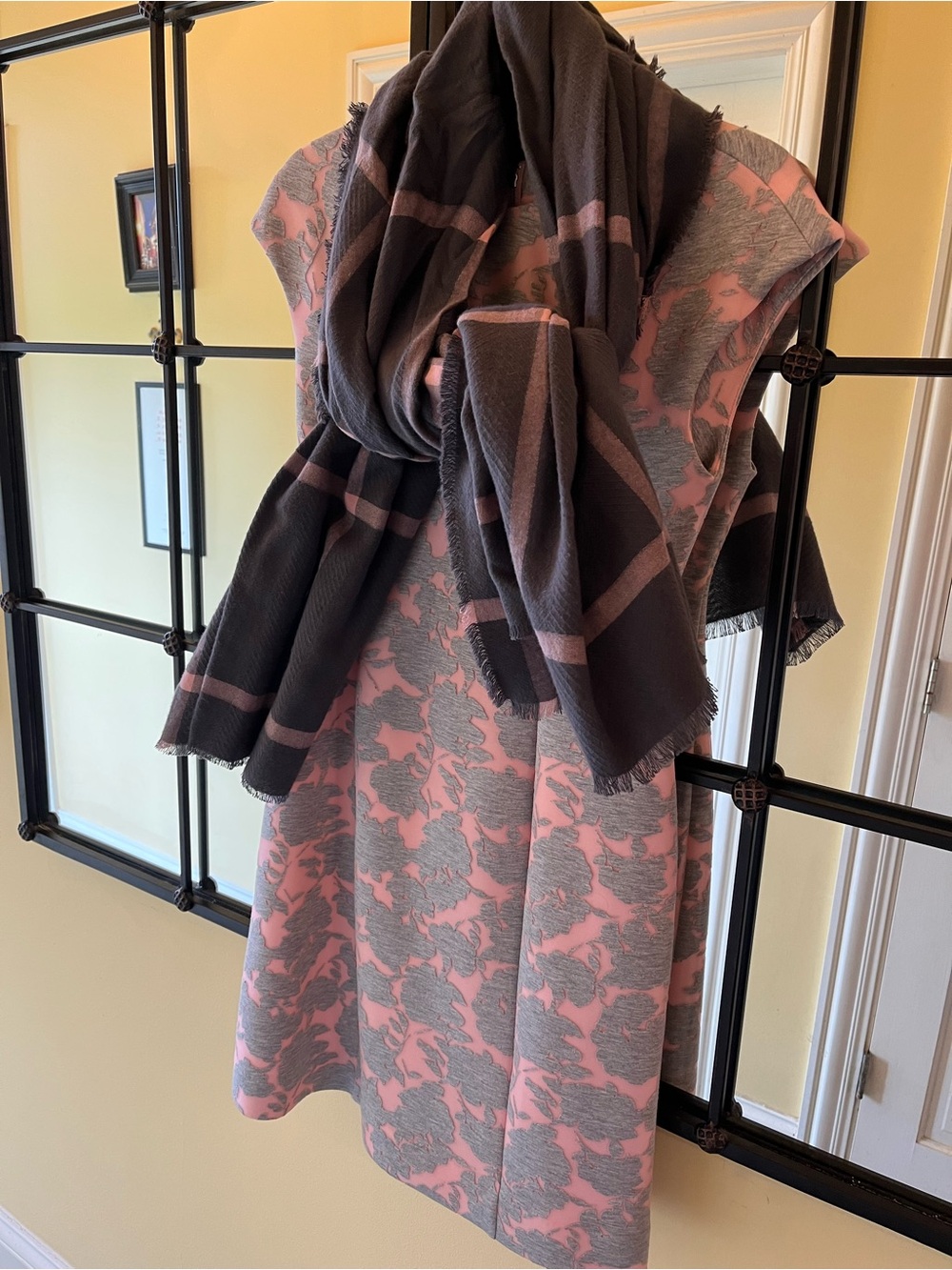 Mignon Pink and Gray Floral Dress with Charcoal Plaid Scarf